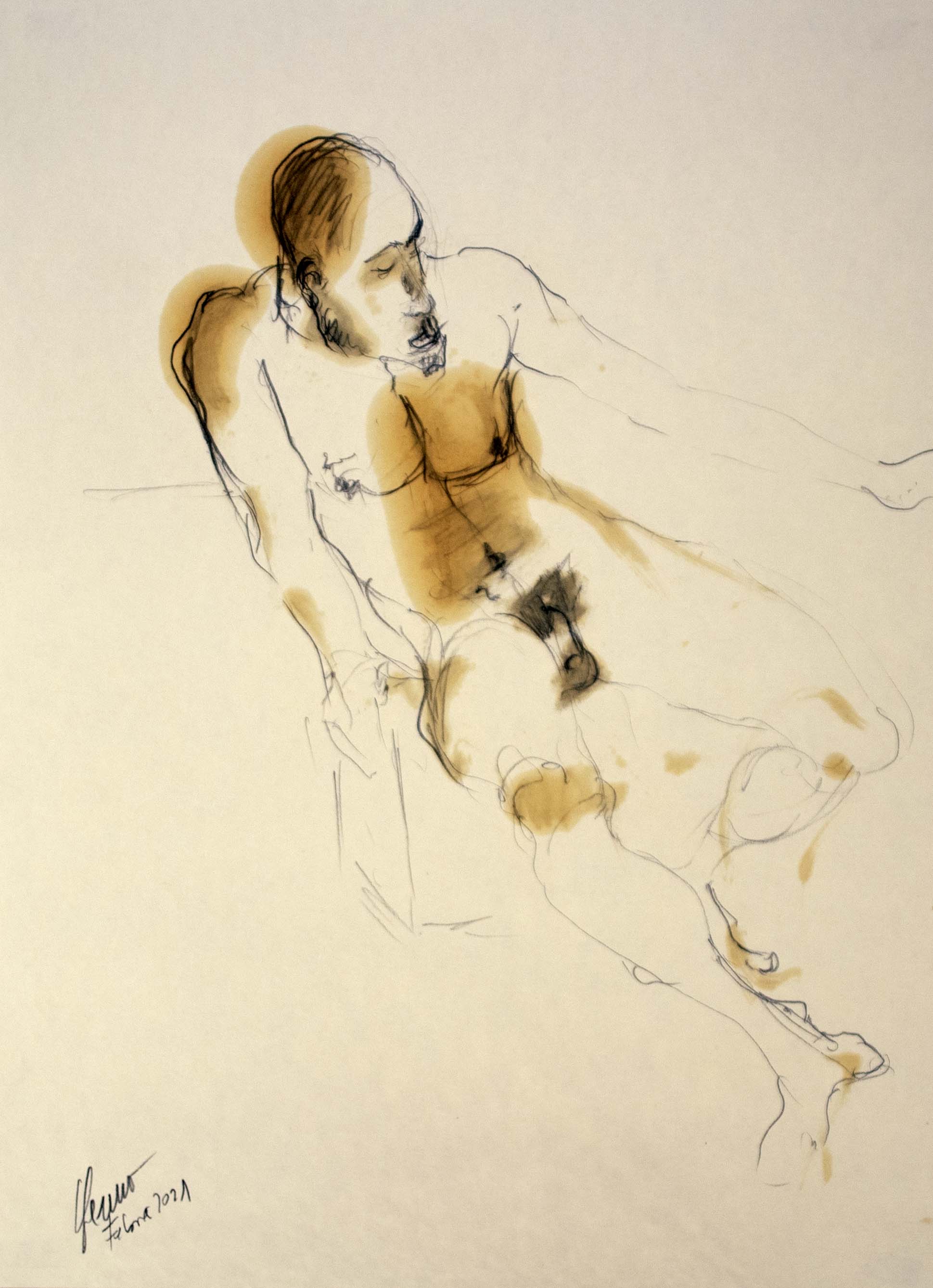 Home migassegut — Grafit i oli de llinosa sobre paper