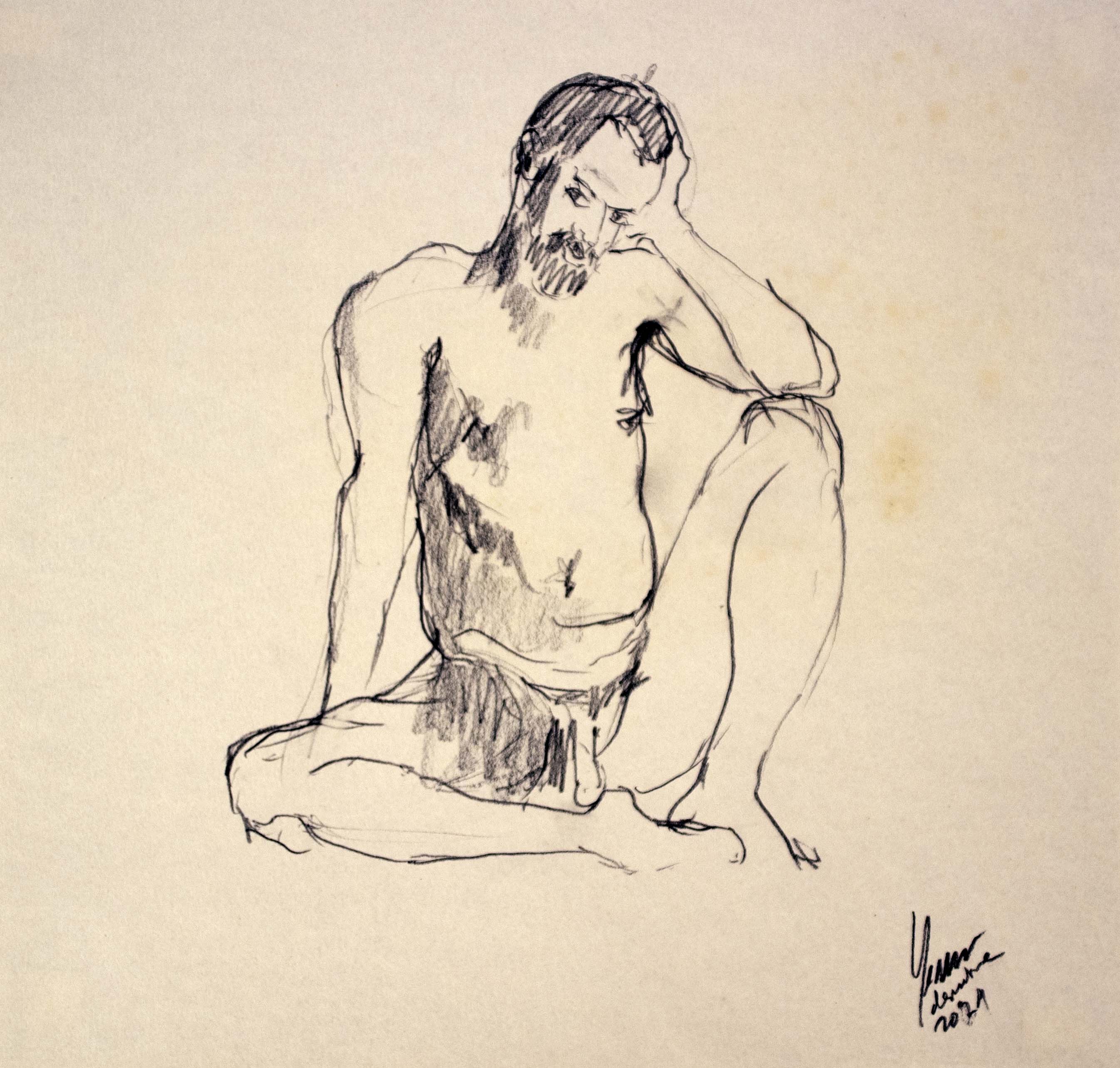 Home recolzat mà — Grafit i oli de llinosa sobre paper