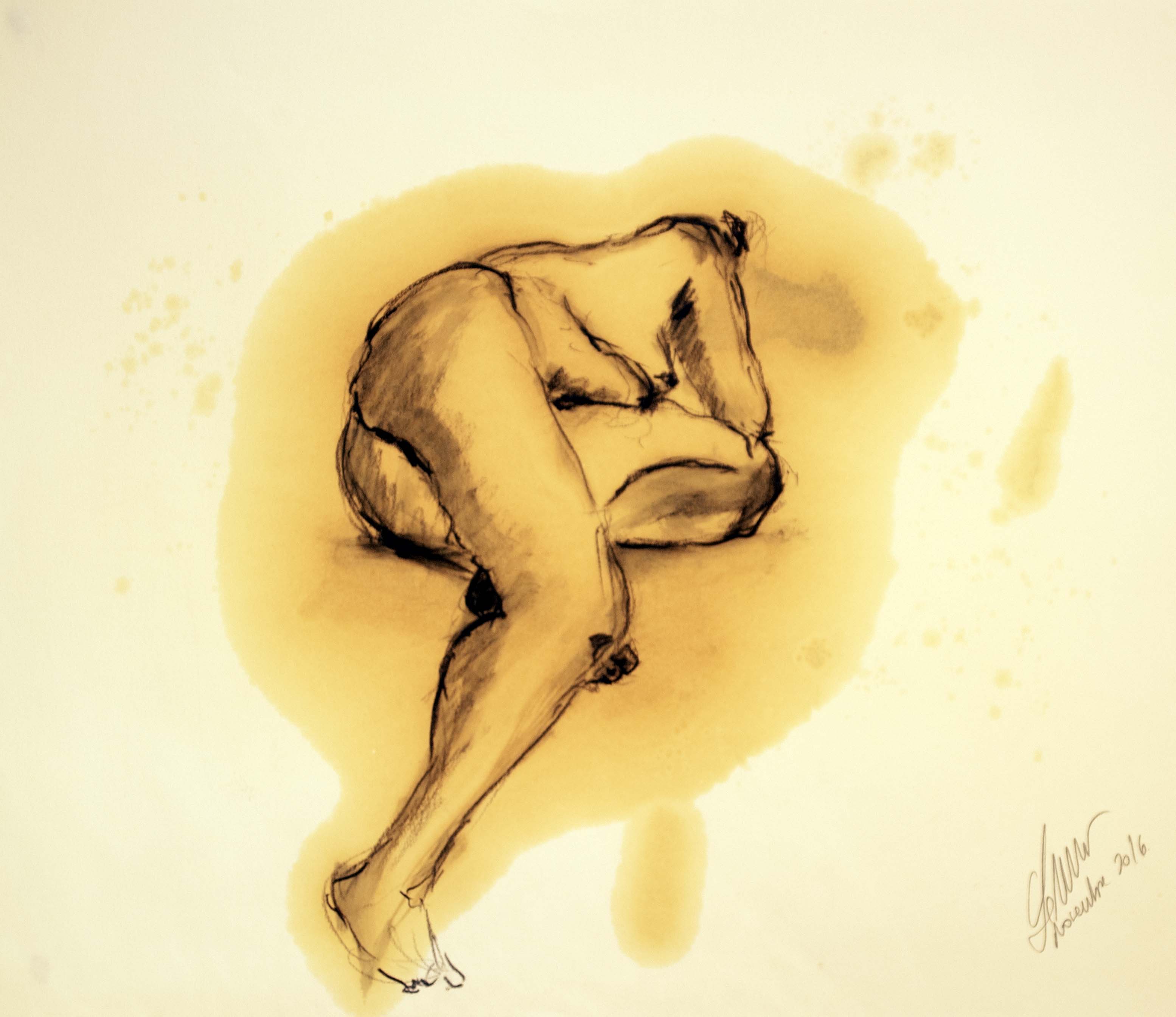 Dona estirada a terrassa — Grafit i oli de llinosa sobre paper