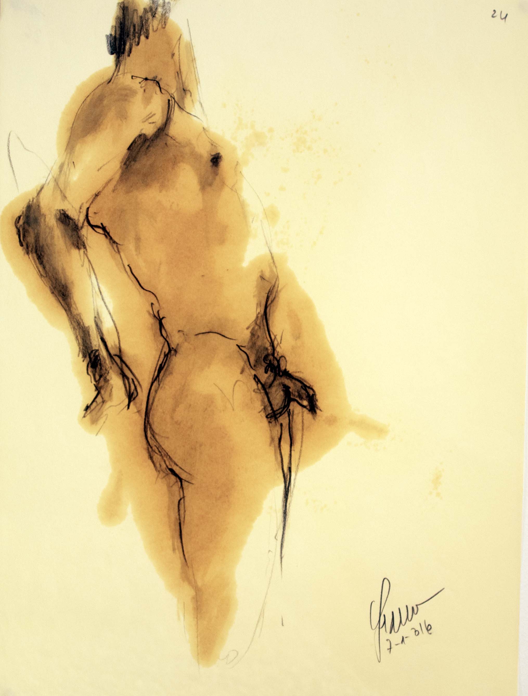 Home recolzat mig cos — Grafit i oli de llinosa sobre paper