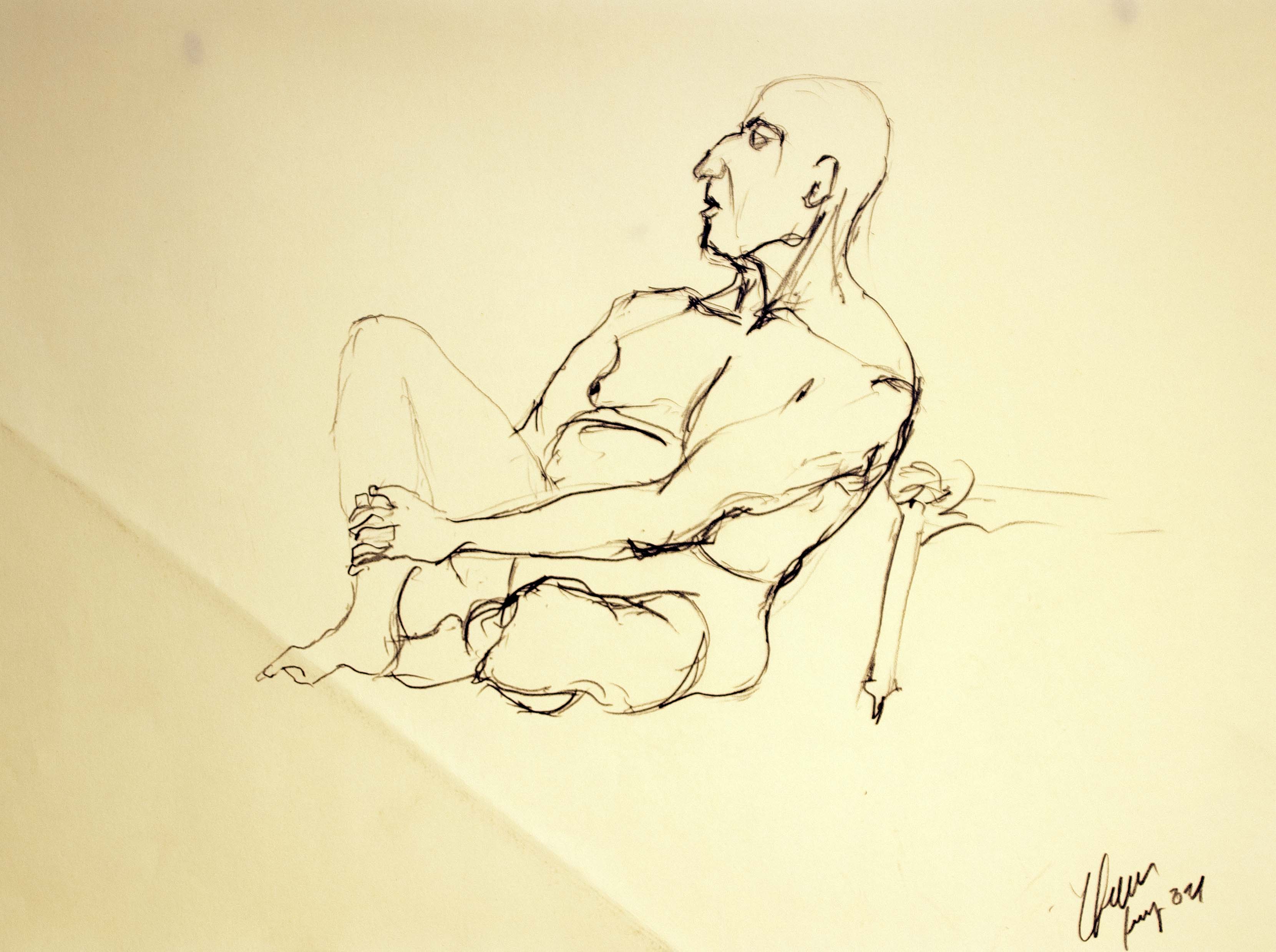 Home recolzat mirant esquerra — Grafit i oli de llinosa sobre paper